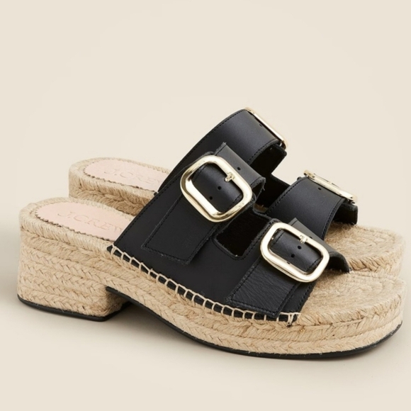 J.Crew Black Leather Two Strap Espadrille Sandals Size 5 - Made in Spain - Picture 3 of 12